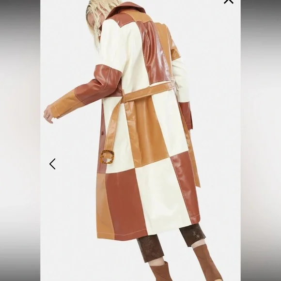 Dolls Kill Jaded London Colorblock Faux-Leather 70s Trench Coat - Brown & Cream - Picture 2 of 7
